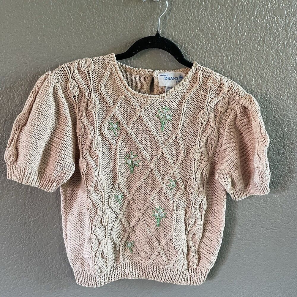 Vintage Deans of Scotland Sweater Small Peach Cottagecore Granny Cableknit